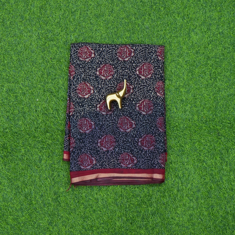 Black and Maroon Color Traditional Ajrakh Floral Printed Saree