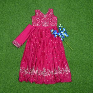 Rani Pink Color Floral Thread Embroiodered Designer Long Frock