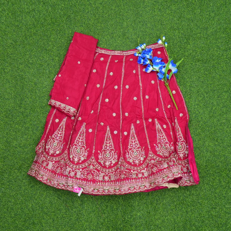Rani Pink Color Silver Zari Thread Embroidery Chinon Silk Half Saree