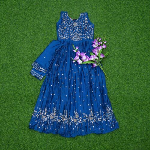 Royal Blue Color Floral Thread Heavily Embroidered Long Frock