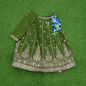 Green Color Silver Zari Thread Embroidery Chinon Silk Half Saree