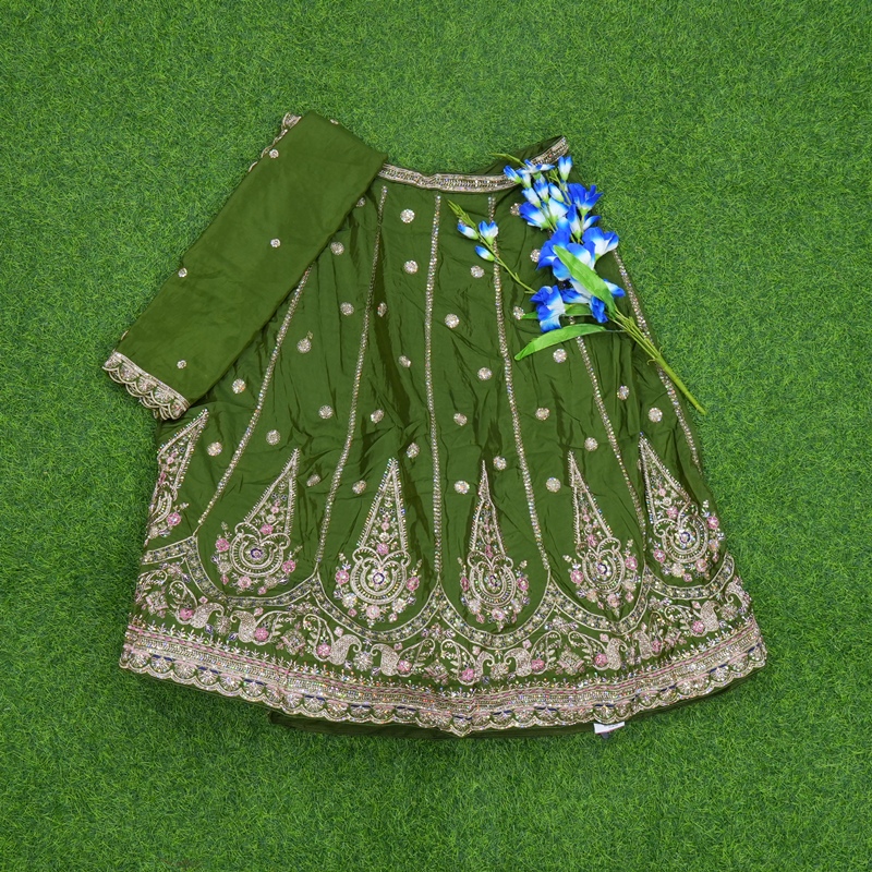 Green Color Silver Zari Thread Embroidery Chinon Silk Half Saree