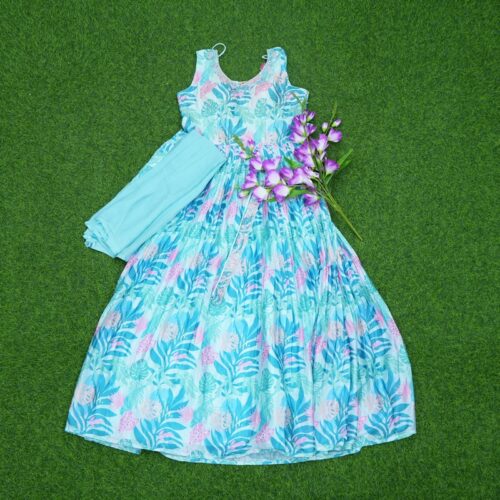 Turquoise Blue Color Tropical Floral and Leafy Digital Print Designer Long Frock