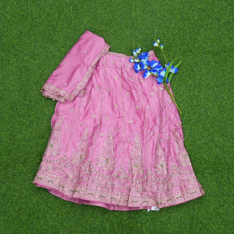 Pink Color Silver Zari Thread Embroidery Chinon Silk Half Saree