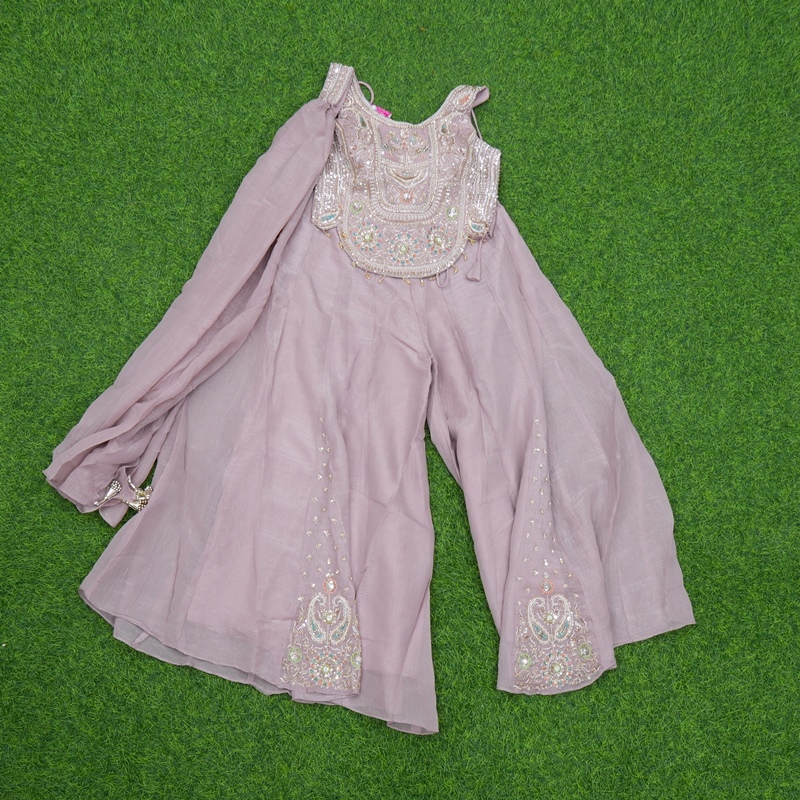 Dusty Rose Pink Color Heavy Embroidered Georgette Sharara Set