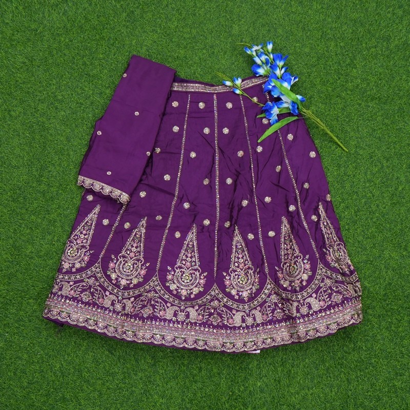 Purple Color Silver Zari Thread Embroidery Chinon Silk Half Saree