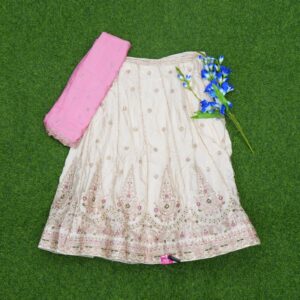 Cream and Pink Color Silver Zari Thread Embroidery Chinon Silk Half Saree