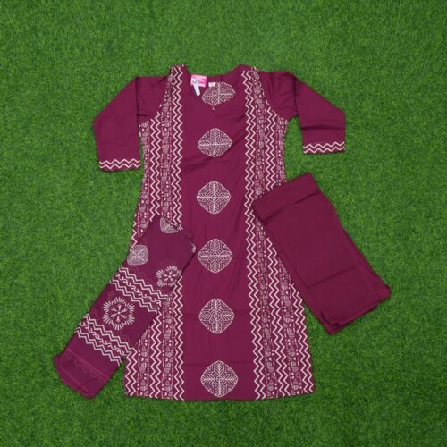 Wine Color Batik Print Geometric 3-Piece Designer Dress