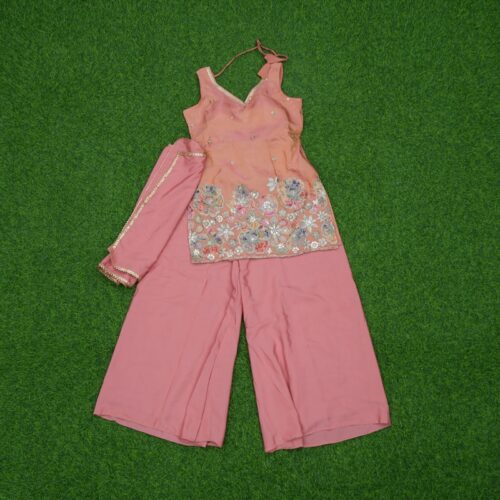 Peach Color Floral Thread Embroidered Georgette Sharara Set