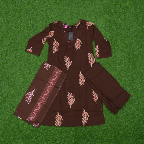 Brown Color Leaf Printed 3-Piece Designer Dress