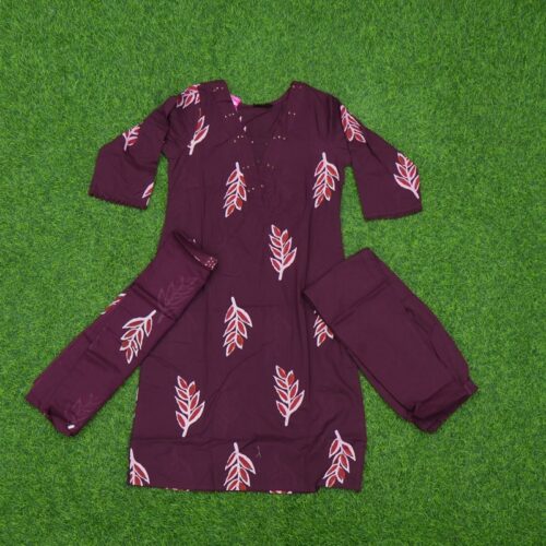 Wine Color Leaf Printed 3-Piece Designer Dress