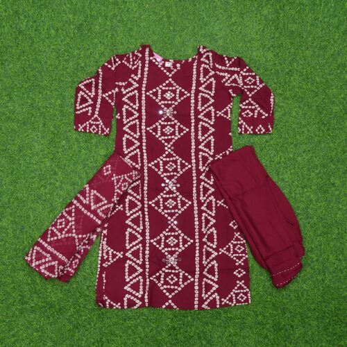 Maroon Color Bandhani Print Geometric 3-Piece Designer Dress