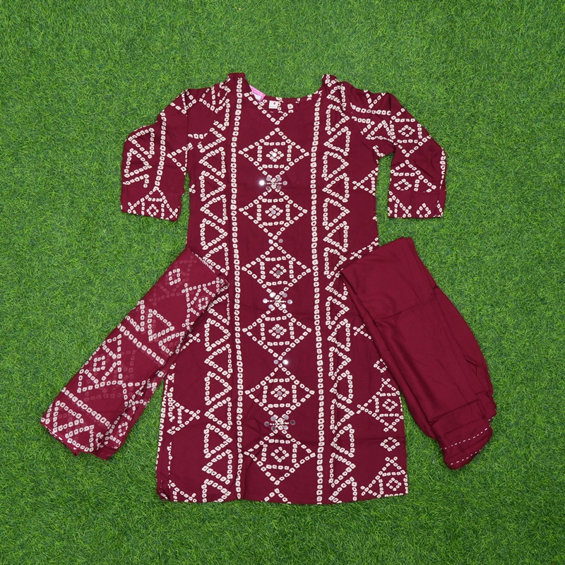 Maroon Color Bandhani Print Geometric 3-Piece Designer Dress