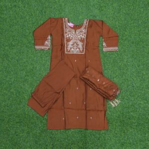 Rust Brown Color Floral Thread Embroidered 3-Piece Designer Dress