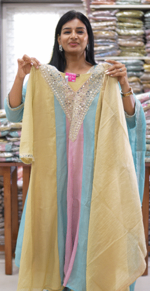 2 1500 Yellow Color Mul-Chanderi With Neckline Embroidered 3-Piece Designer Dress