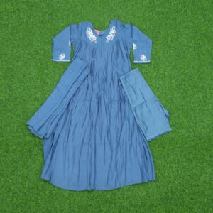 2 2460 Blue Color Floral Embroidered Motifs Anarkali 3-Piece Designer Dress