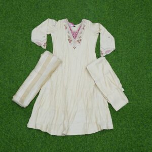 Cream Color Embroidered Mul Chanderi Anarkali 3-Piece Designer Dress
