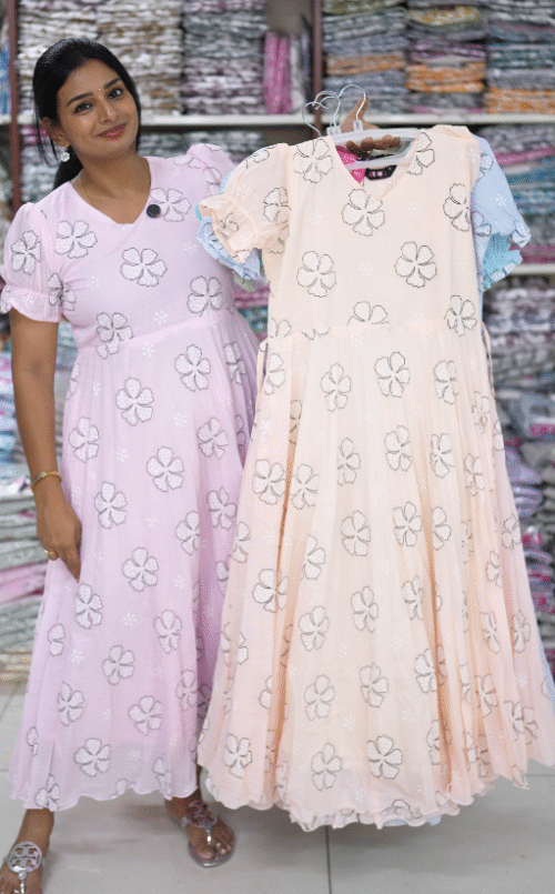 Peach Color Floral Printed Designer Long Frock
