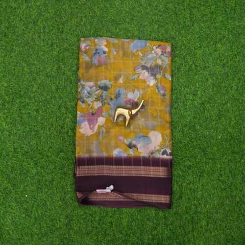 Yellow and Wine Color Zari Checked with Floral Printed and Zari Border Saree