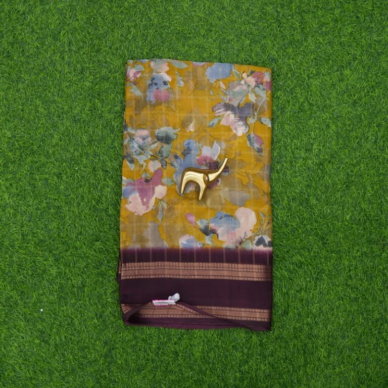 Yellow and Wine Color Zari Checked with Floral Printed and Zari Border Saree