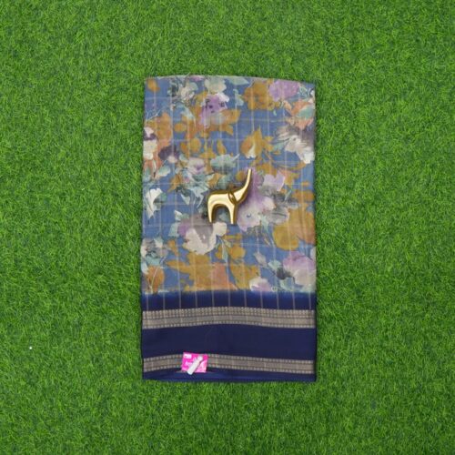 Blue and Navy Blue Color Zari Checked with Floral Printed and Zari Border Saree