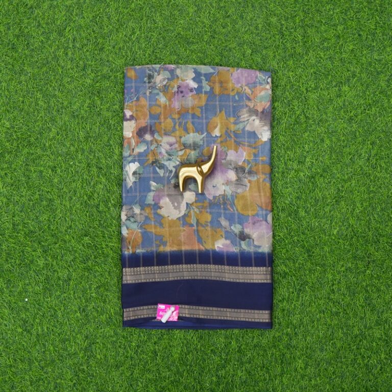 Blue and Navy Blue Color Zari Checked with Floral Printed and Zari Border Saree