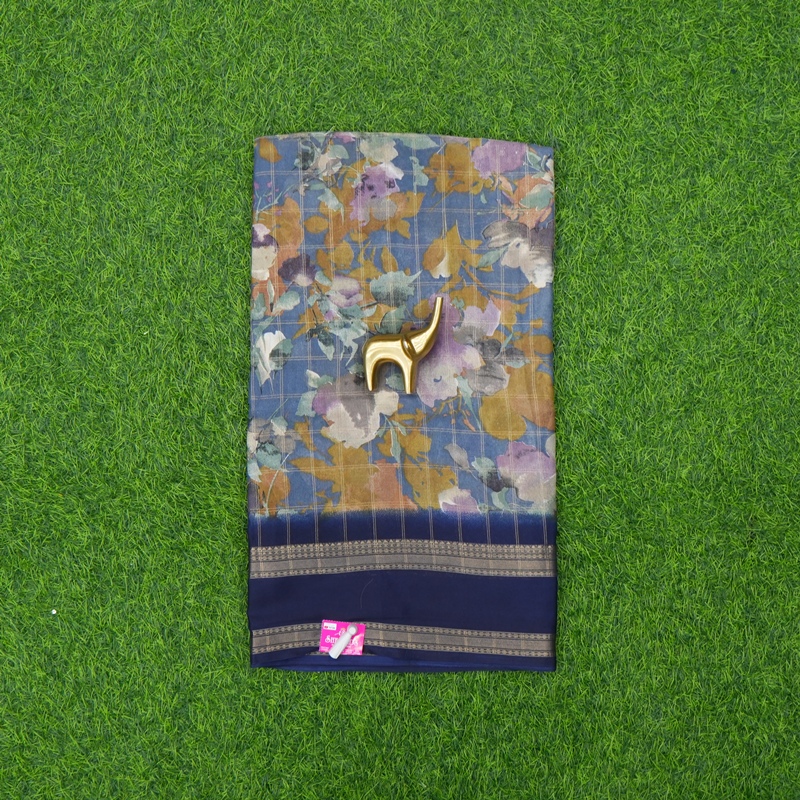 Blue and Navy Blue Color Zari Checked with Floral Printed and Zari Border Saree