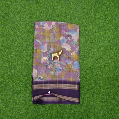 Purple and Violet Color Zari Checked with Floral Printed and Zari Border Saree
