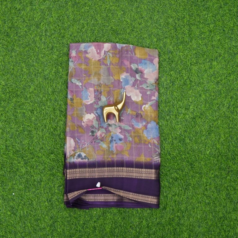 Purple and Violet Color Zari Checked with Floral Printed and Zari Border Saree