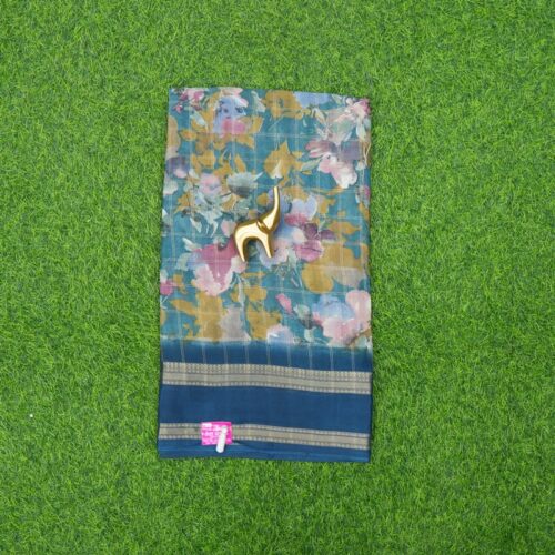 Teal Blue and Blue Color Zari Checked with Floral Printed and Zari Border Saree