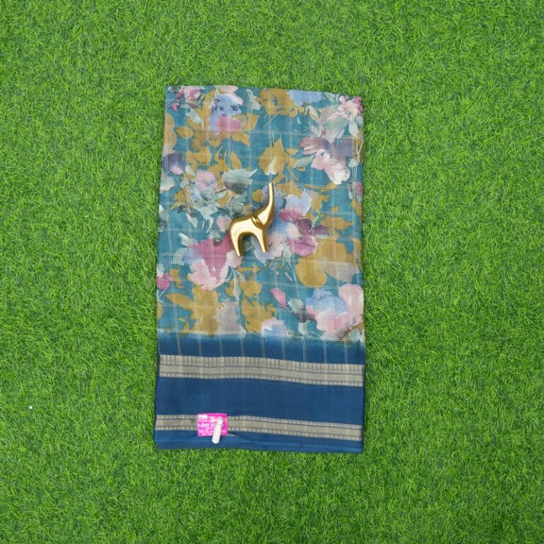 Teal Blue and Blue Color Zari Checked with Floral Printed and Zari Border Saree