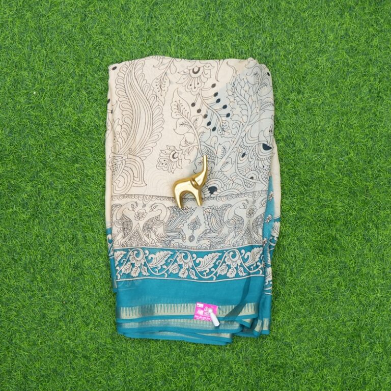 Cream and Teal Blue Color Kalamkari Printed Georgette Saree