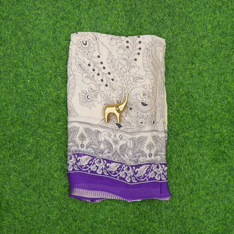 Cream and Purple Color Kalamkari Printed Georgette Saree