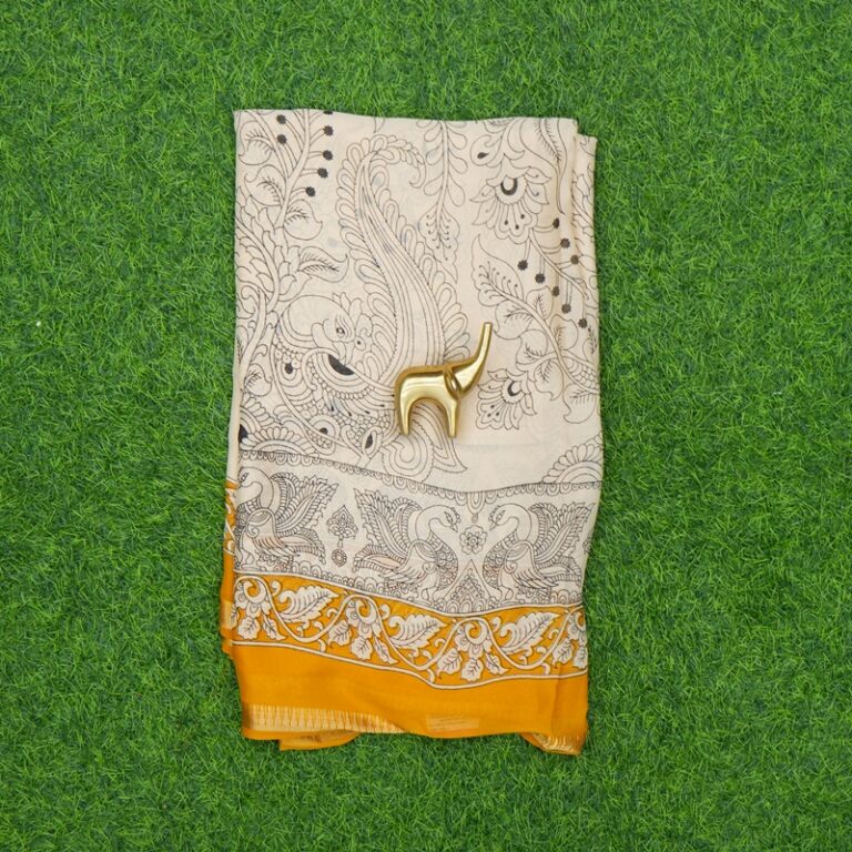 Cream and Yellow Color Kalamkari Printed Georgette Saree
