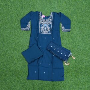 Peacock Blue Color Floral Thread Embroidered 3-Piece Designer Dress
