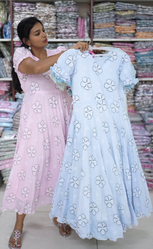 Blue Color Floral Printed Designer Long Frock