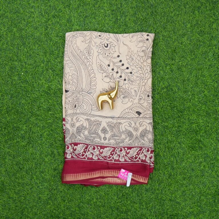 Cream and Maroon Color Kalamkari Printed Georgette Saree