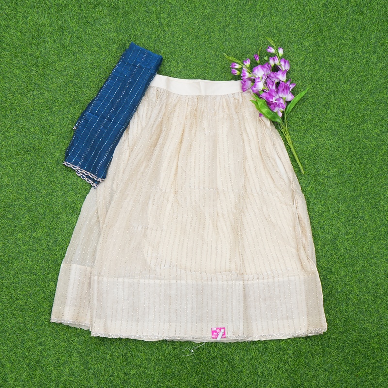 Cream and Peacock Blue Color Designer Half Saree