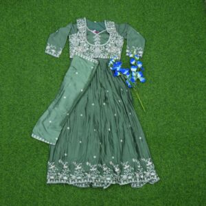 4 2960 Sage Green Color Embroidered Georgette Anarkali Designer Long Frock