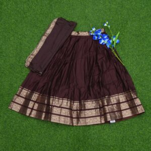 Brown Color Traditional Gold Zari Border Kanchi Cotton Half Saree
