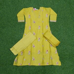Lemon Yellow Color Thread Embroidered Designer Dress