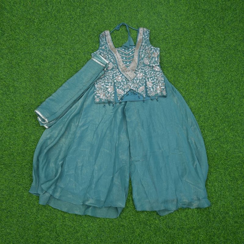 Teal Blue Color Floral Embroidered Georgette Sharara Set