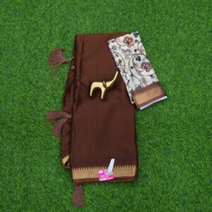 5 700 Brown Color Mysore Silk Saree With Kalamkari Print Blouse