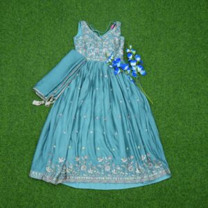 Sea Green Color Floral Thread Embroidered Designer Long Frock