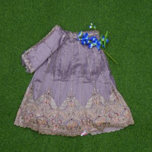 Lavender Color Silver Zari Work With Thread Borders Chinon Silk Half Saree