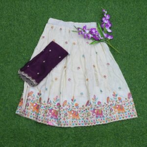 Cream and Dark Wine Color Traditional Embroidered Half Saree