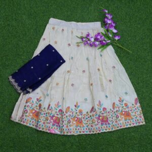 Cream and Navy Blue Color Elephant and Floral Embroidery Border Half Saree
